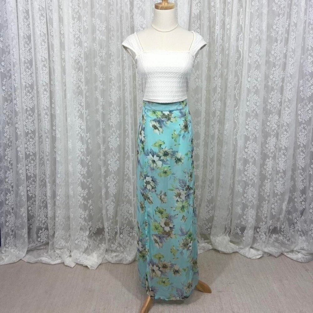 Fun‎ & Flirt Y2K Turquoise Sheer Floral Maxi Skirt Size XL Fairycore Whimsical